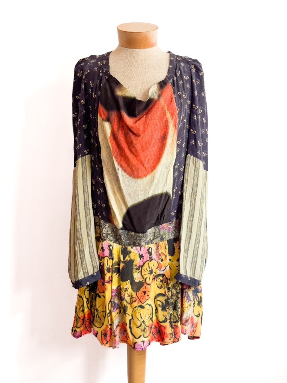 DESIGUAL Christian Lacroix Mix Print Drapey Drop Waist Silk Tunic Dress Sz 40/8